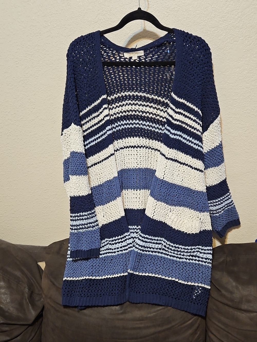 Rewind Navy, Light Blue & White Striped Crochet Open Cardigan
